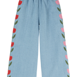DENIM TULIP EMBROIDERED TROUSERS