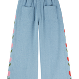 DENIM TULIP EMBROIDERED TROUSERS