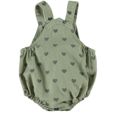 Piupiuchick | baby romper, green w/ black hearts
