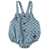 Baby romper | Washed blue denim w/ black hearts