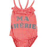 swimsuit w/ ruffles | red checkered w/ "ma chérie" print