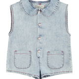 short sleeveless jumpsuit | blue light denim w/ apple print