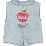 short sleeveless jumpsuit | blue light denim w/ apple print